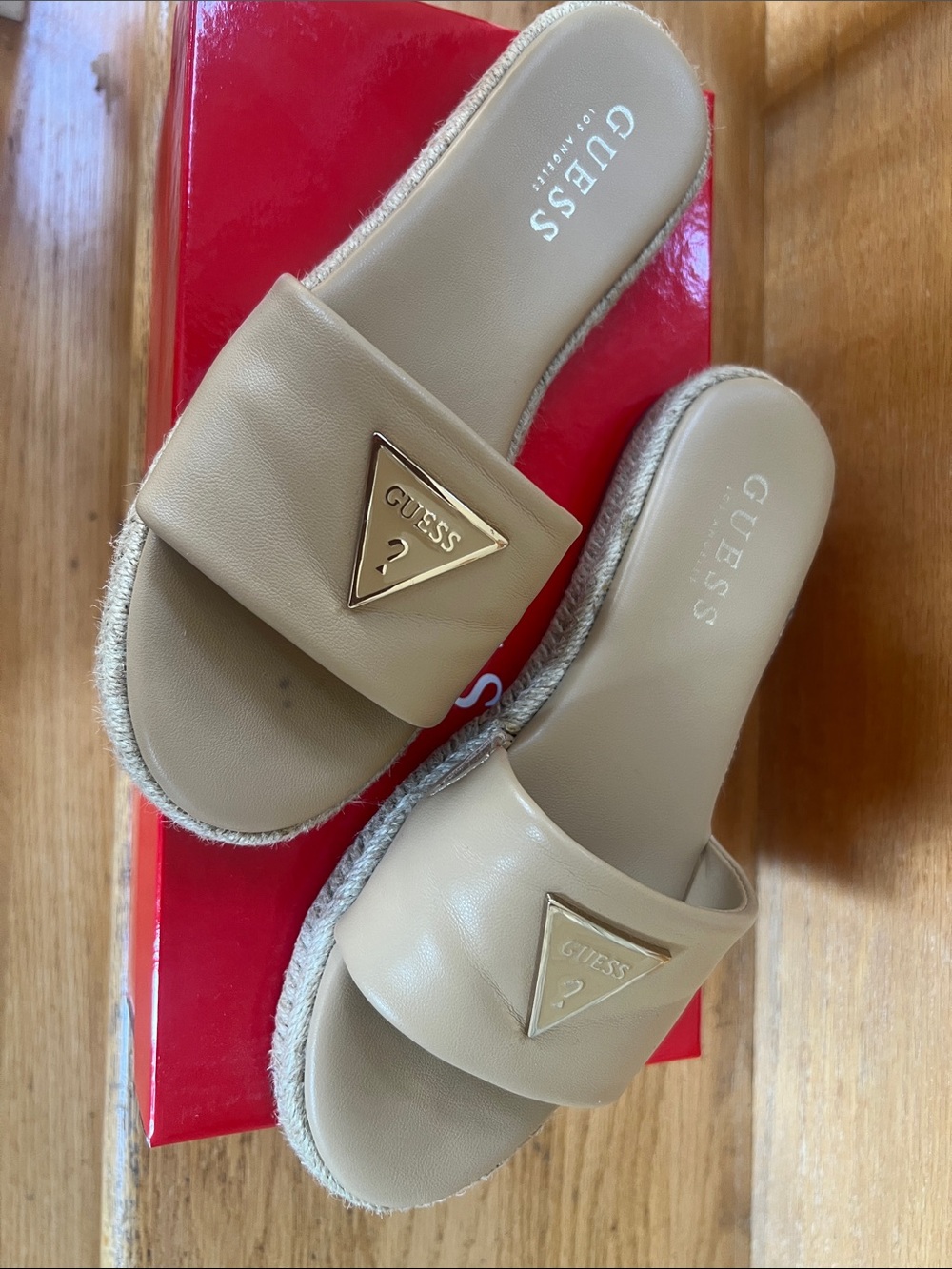 GUESS Beige Slide Sandals with Gold Triangle Logo